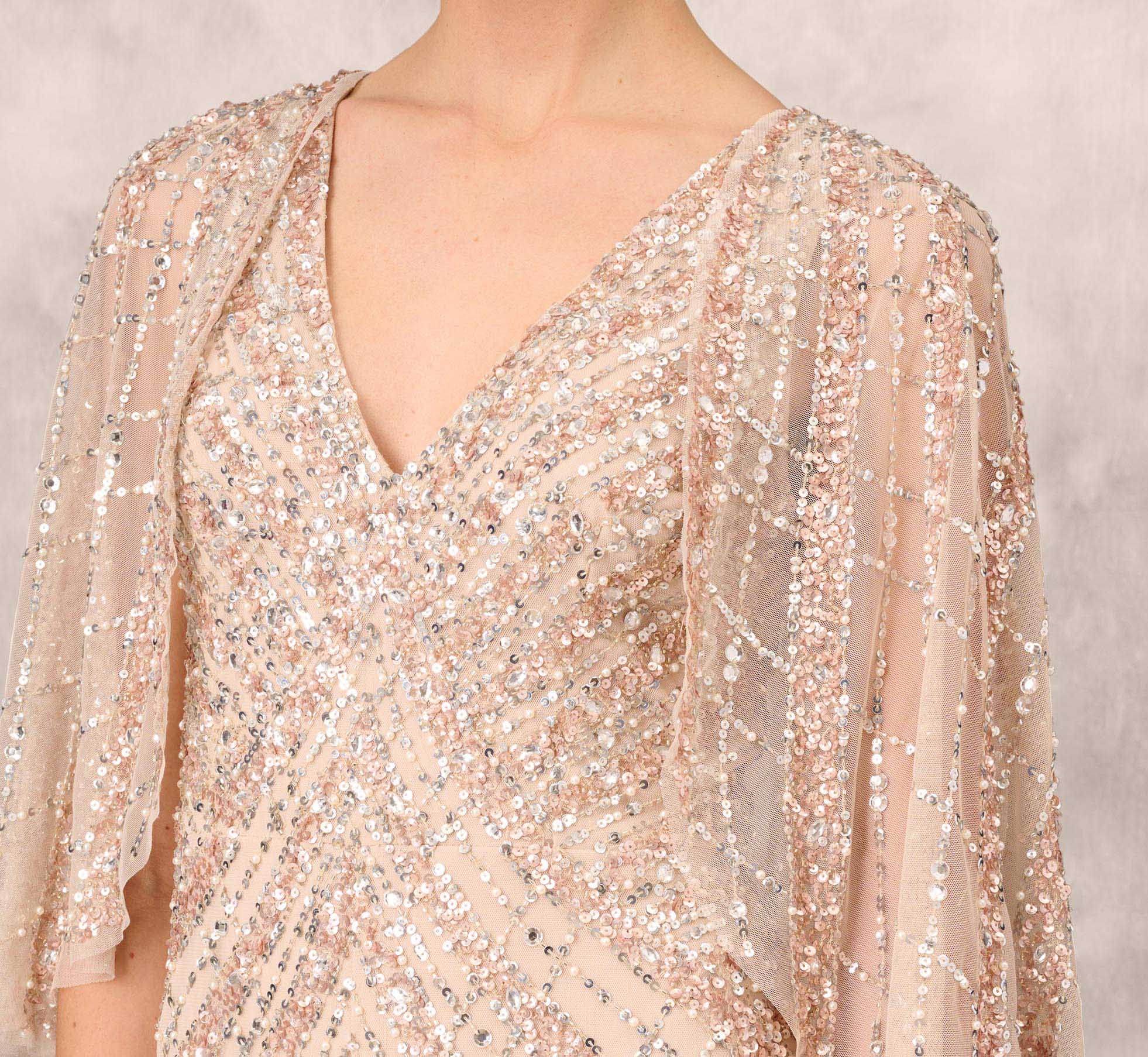 Hand Beaded Long Column Gown With Cape And Slit In Blush