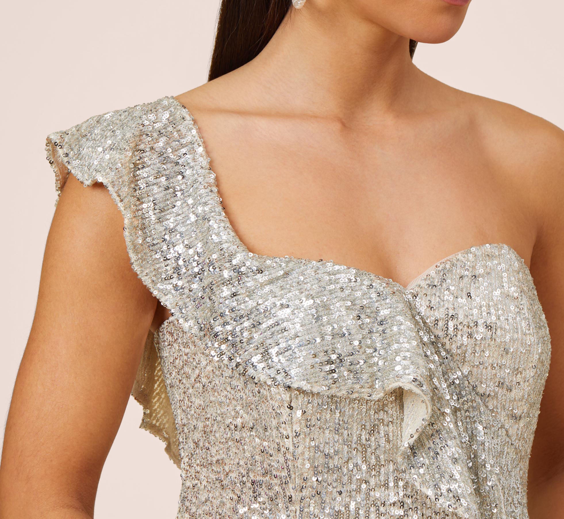 Sequined One Shoulder Midi Length Cocktail Dress With Ruffle In