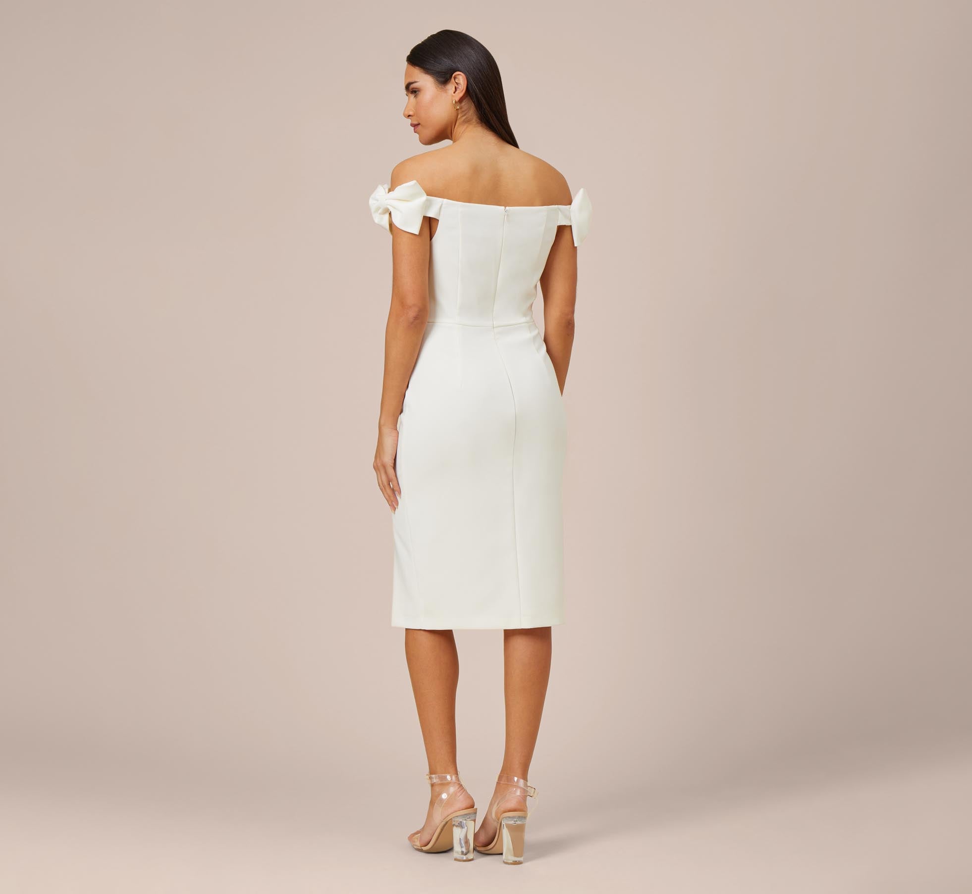 Off The Shoulder Crepe Cocktail Sheath Dress With Bows In Ivory