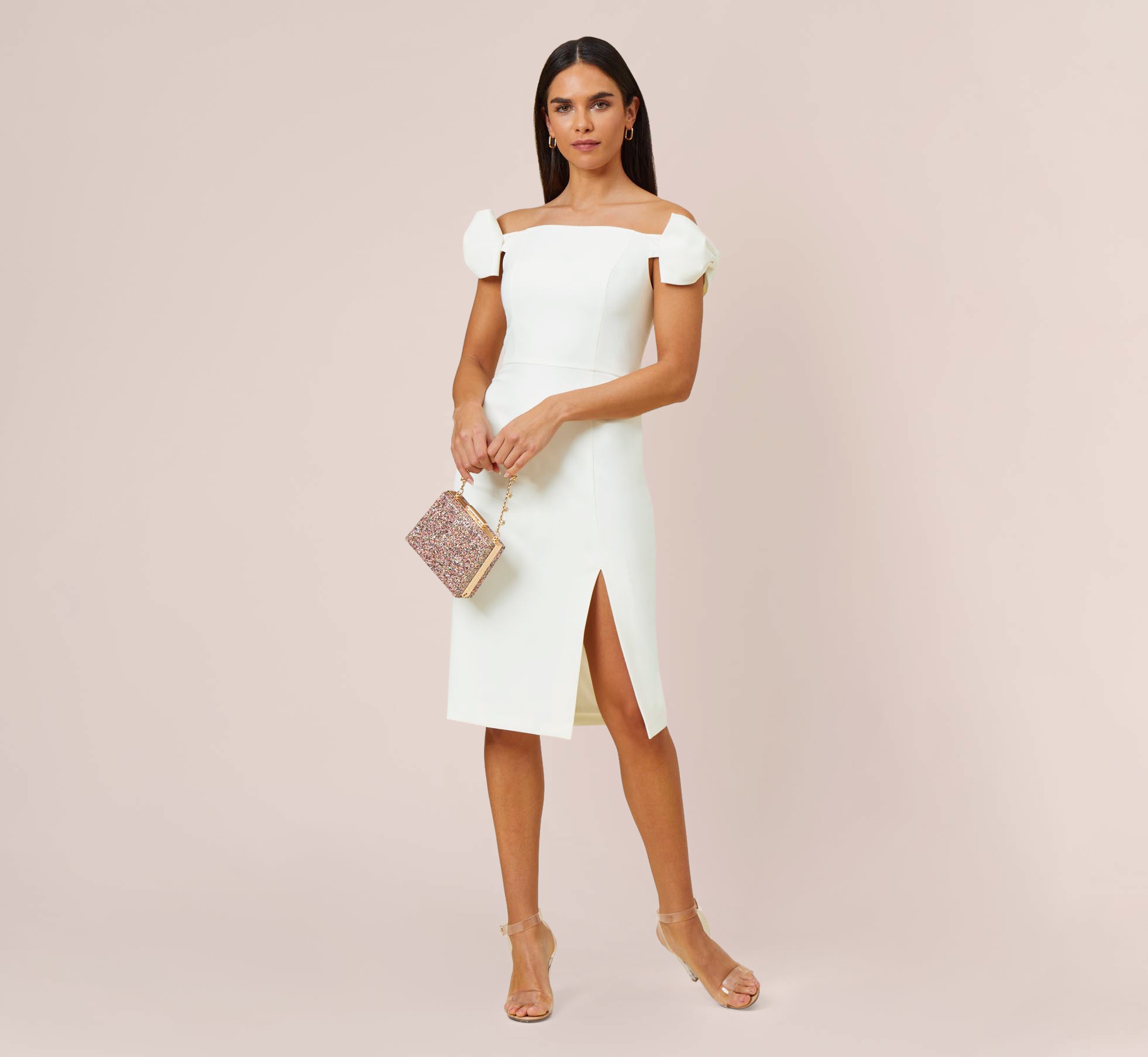 Off The Shoulder Crepe Cocktail Sheath Dress With Bows In Ivory