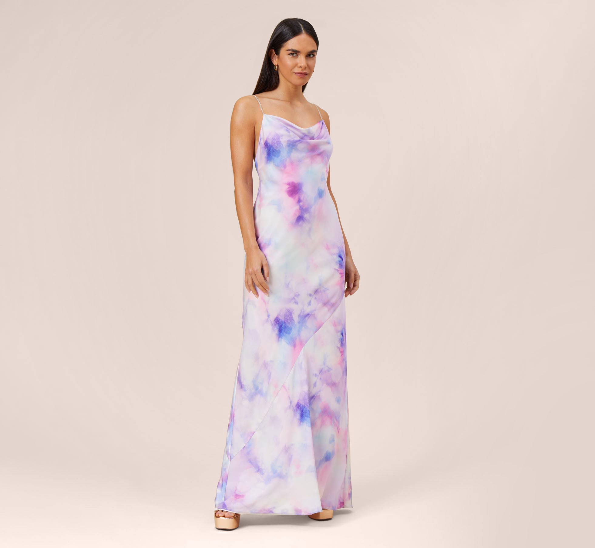 Watercolor Print Satin Gown In Purple Multi Adrianna Papell