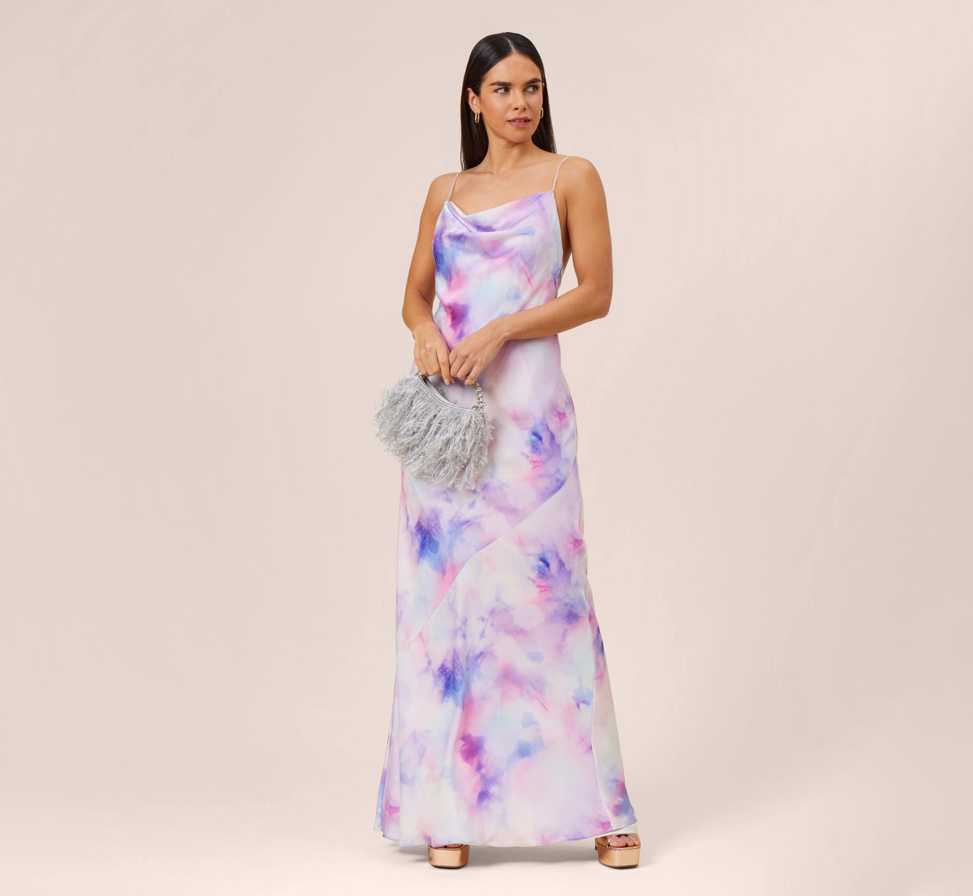 Watercolor Print Satin Gown In Purple Multi Adrianna Papell