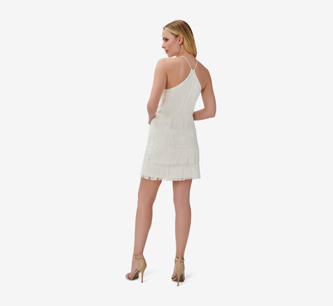 Fringe-Trim Short Sheath Cocktail Halter Dress In Ivory