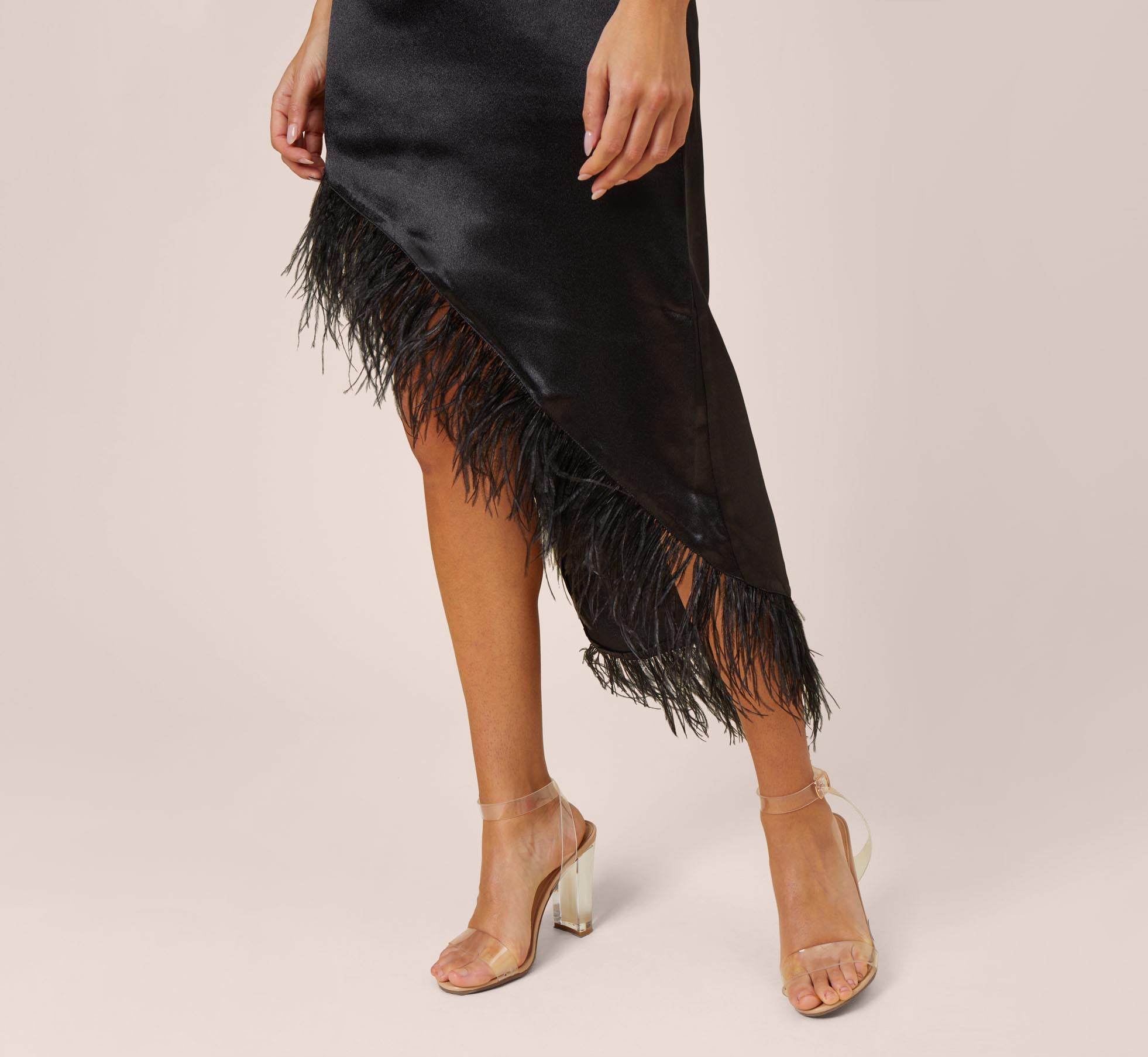 One Shoulder Satin Dress With Feather Trim In Black Adrianna Papell