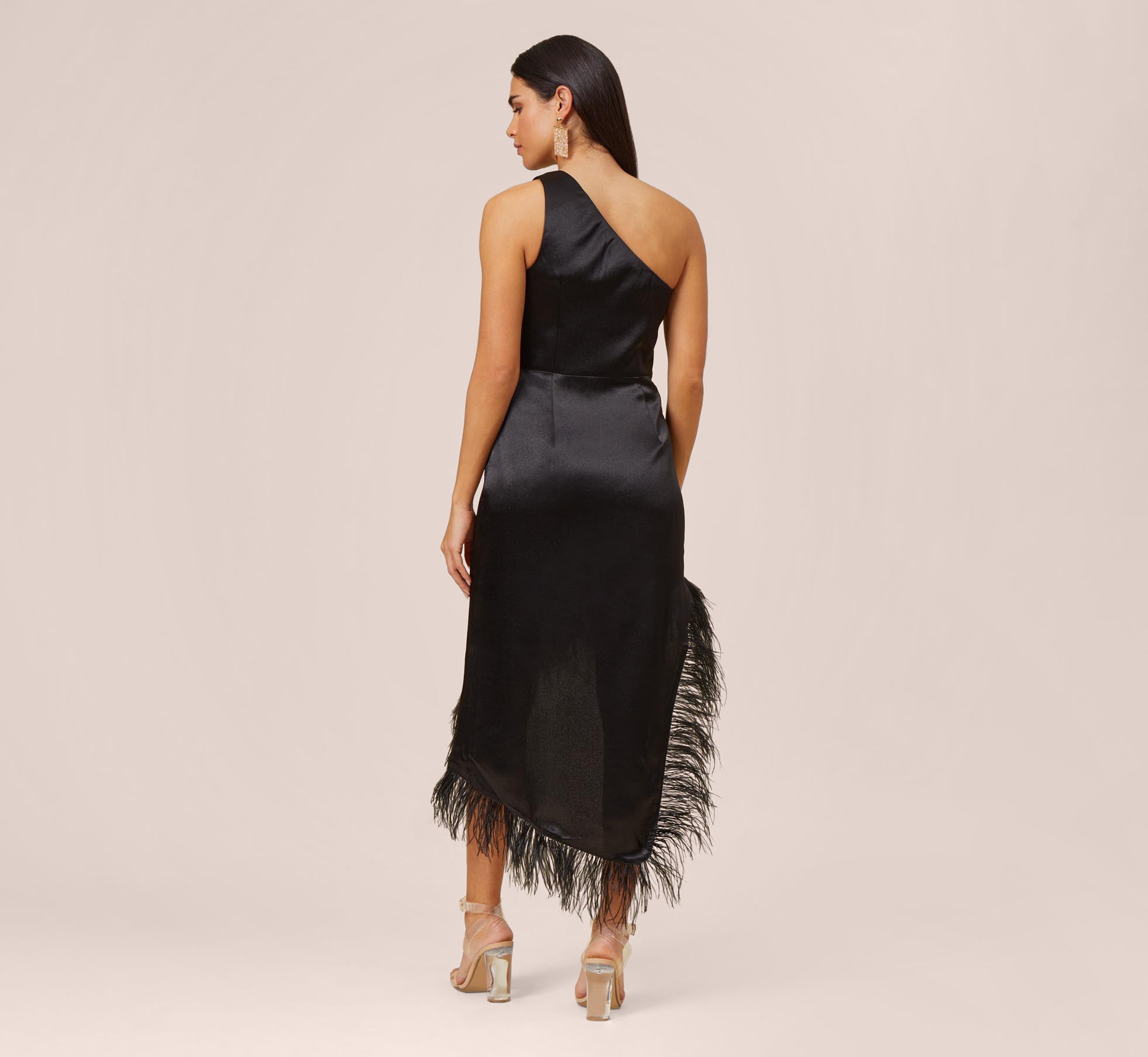 One-Shoulder Satin Dress With Feather Trim In Black | Adrianna Papell