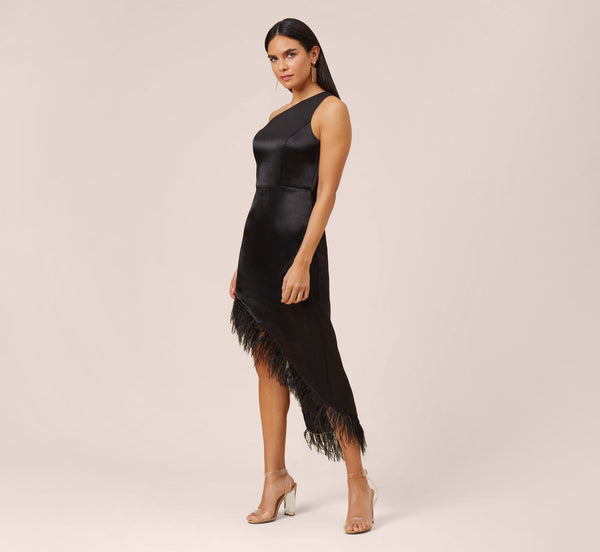 One Shoulder Satin Dress With Feather Trim In Black Adrianna Papell