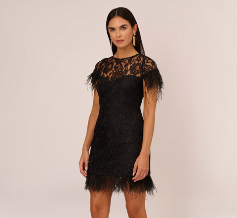 Floral Lace And Feather Trimmed Short Sheath Cocktail Dress In Black