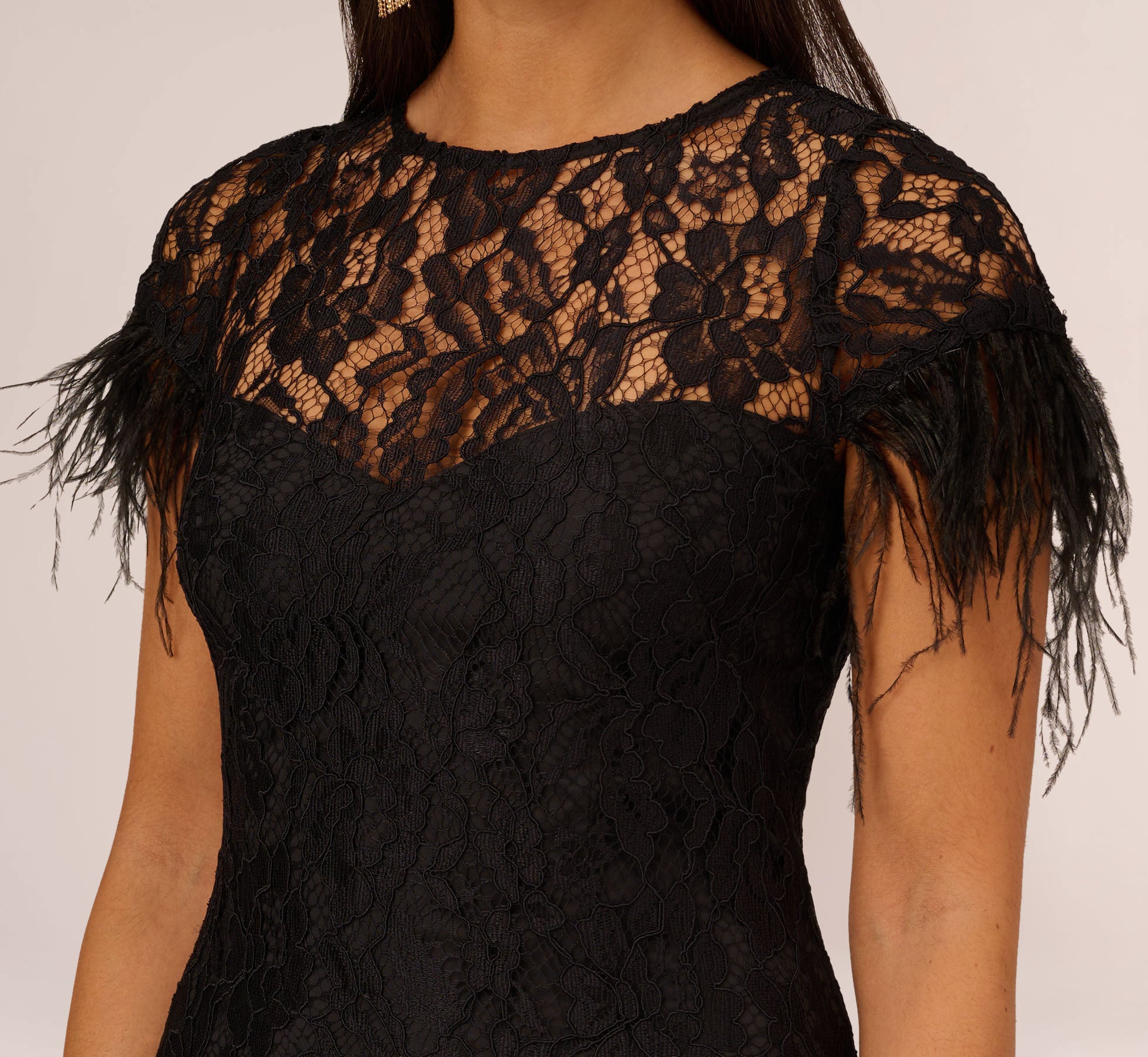 Floral Lace And Feather Trimmed Short Sheath Cocktail Dress In