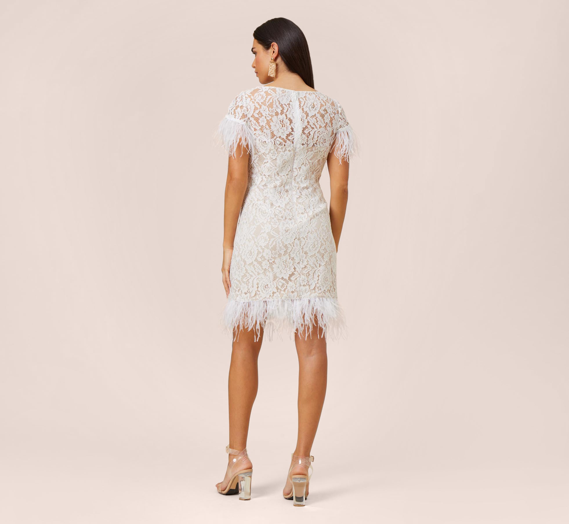 Floral Lace And Feather Trimmed Short Sheath Cocktail Dress In