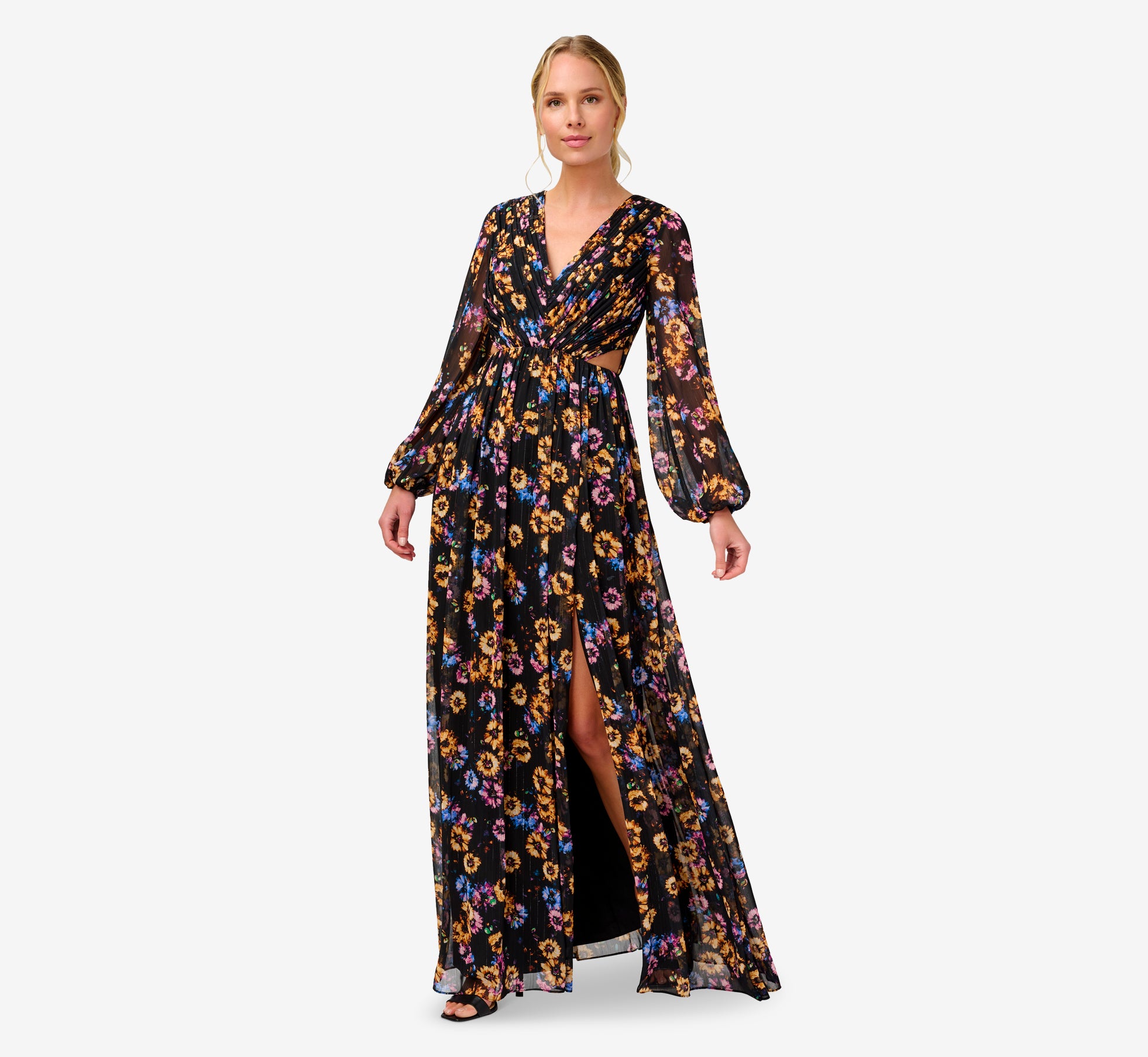 Floral Print Pleated Chiffon Long A Line Gown In Black Multi