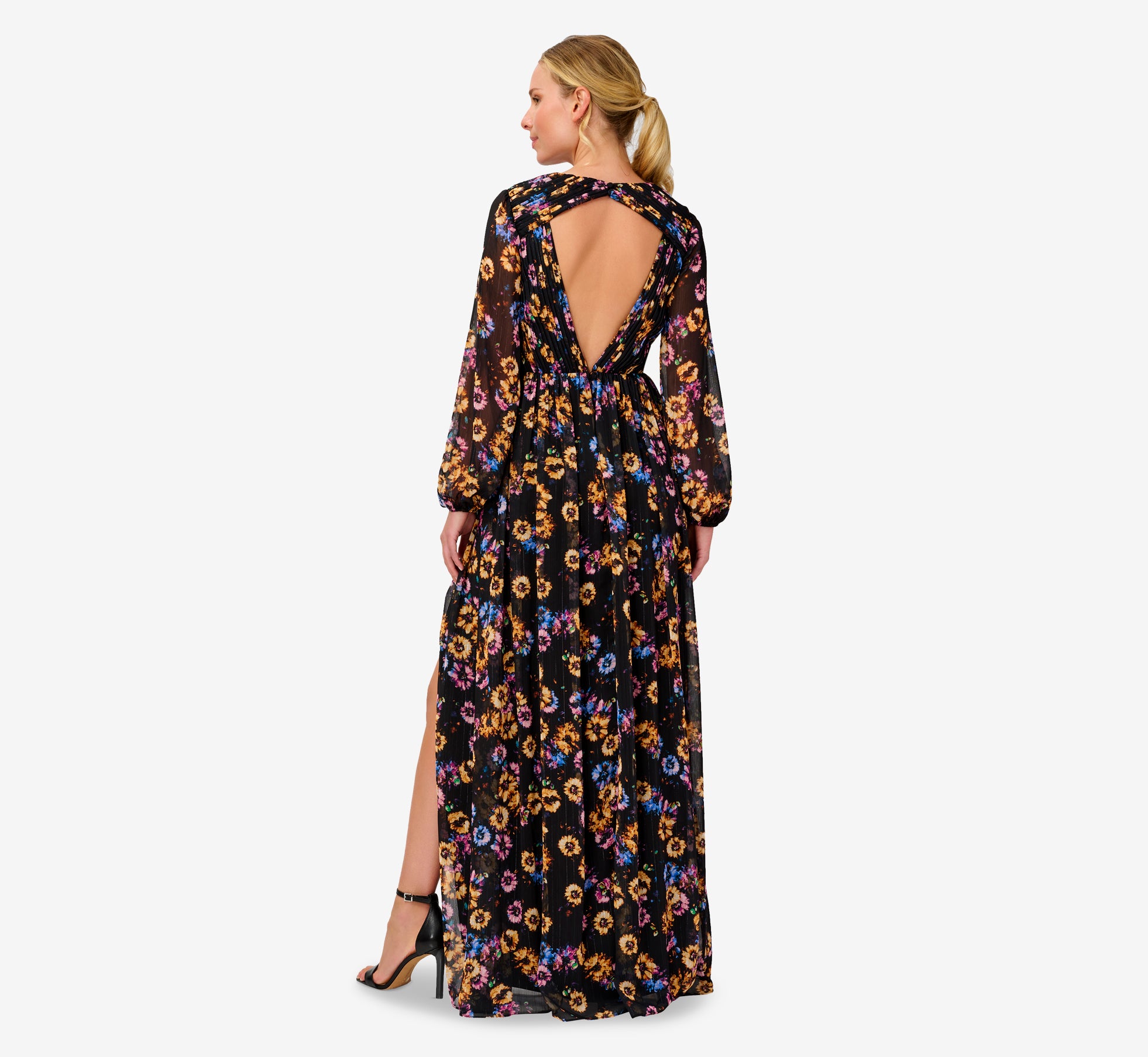 Floral Print Pleated Chiffon Long A Line Gown In Black Multi