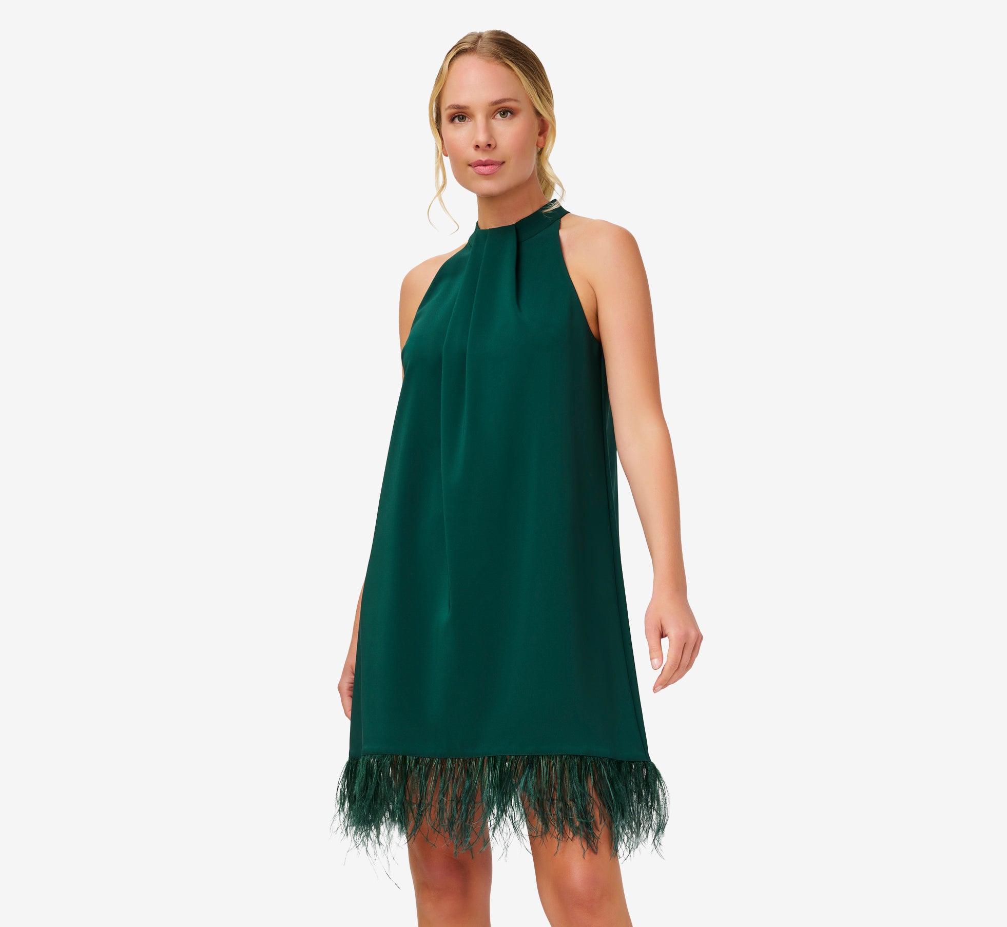 Feather Trimmed Crepe Short Cocktail Trapeze Halter Dress In Forest