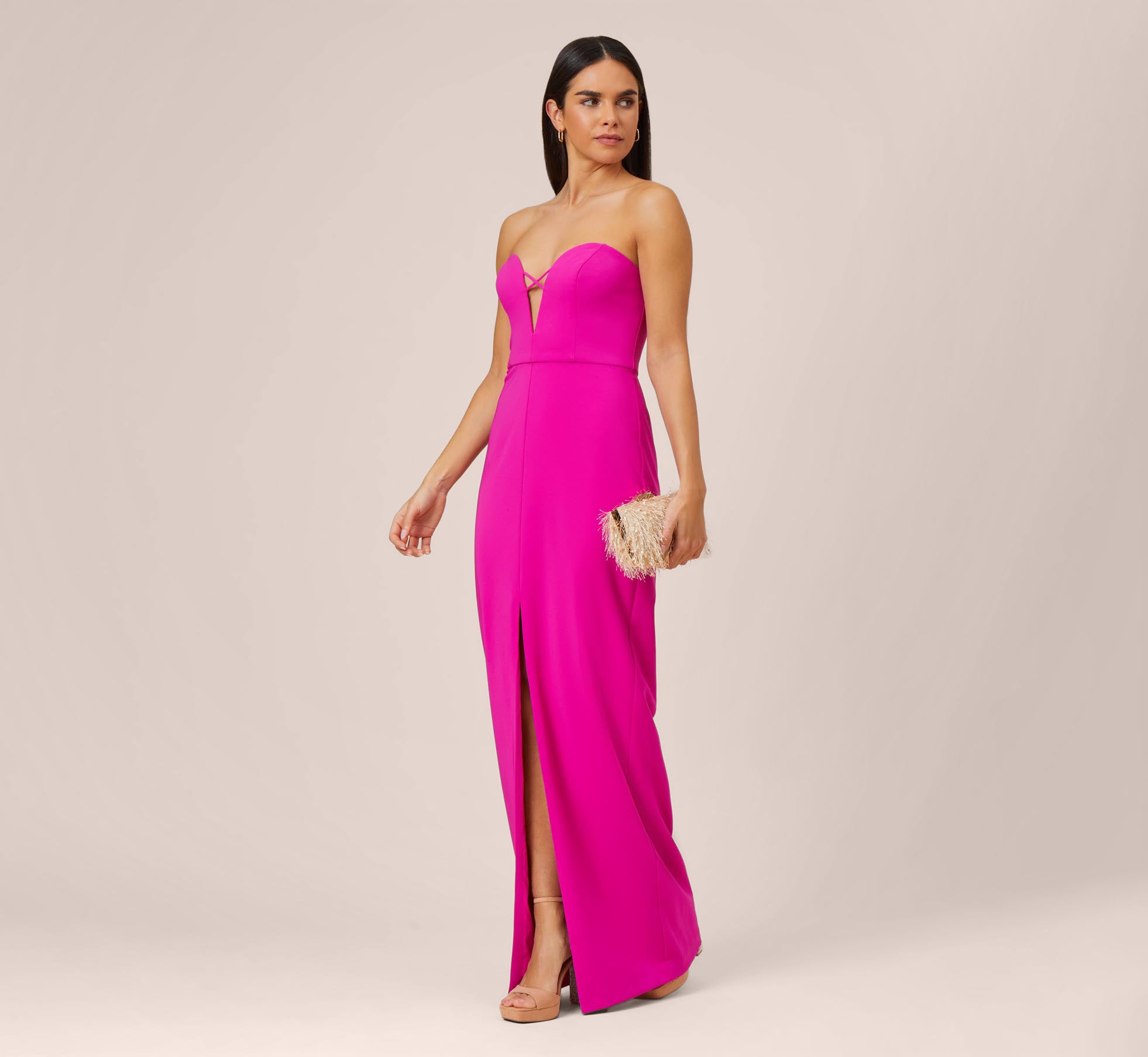 Stretch Crepe Long Column Gown With Sweetheart Neckline In Magenta