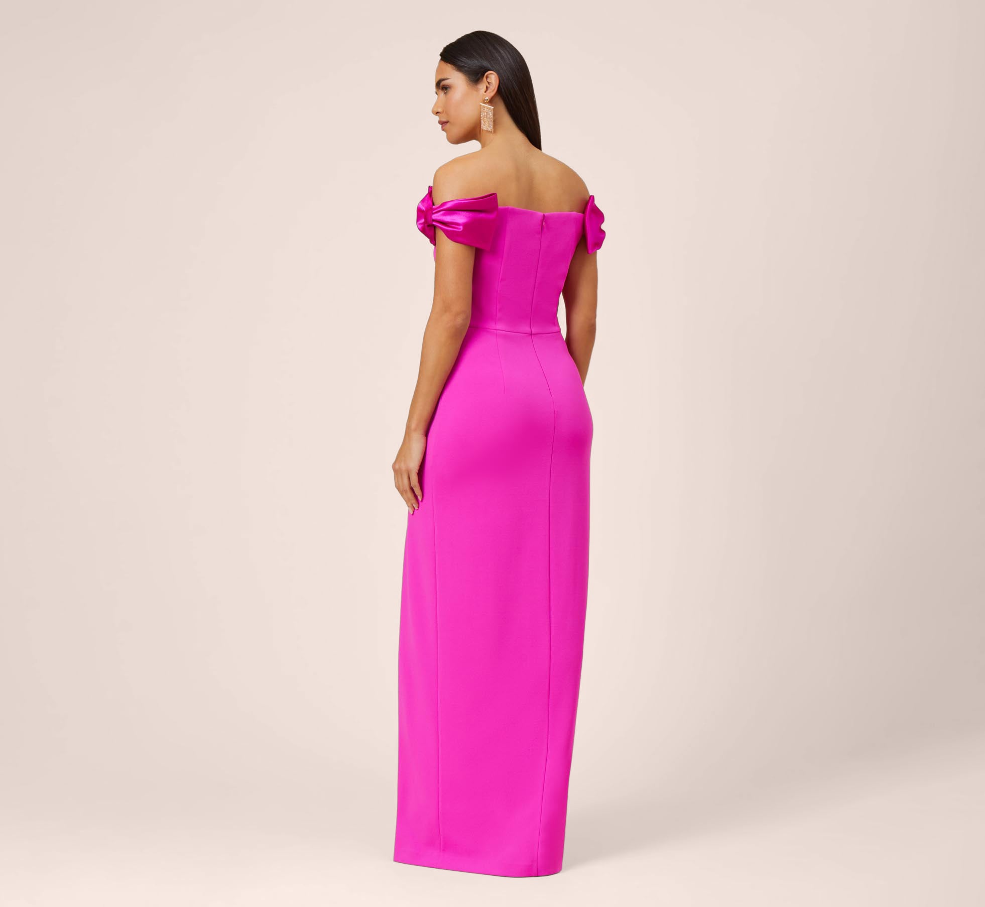 Stretch Crepe Off-The-Shoulder Long Column Gown With Bows In Pink