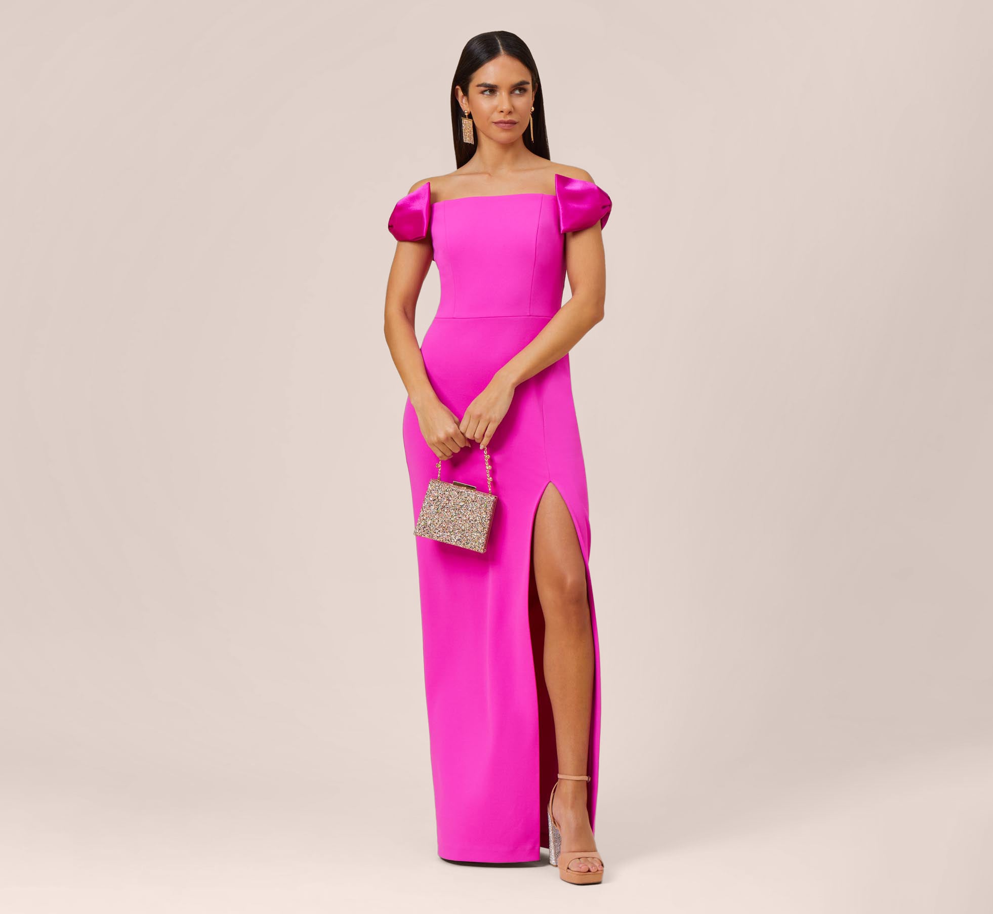 Stretch Crepe Off The Shoulder Long Column Gown With Bows In