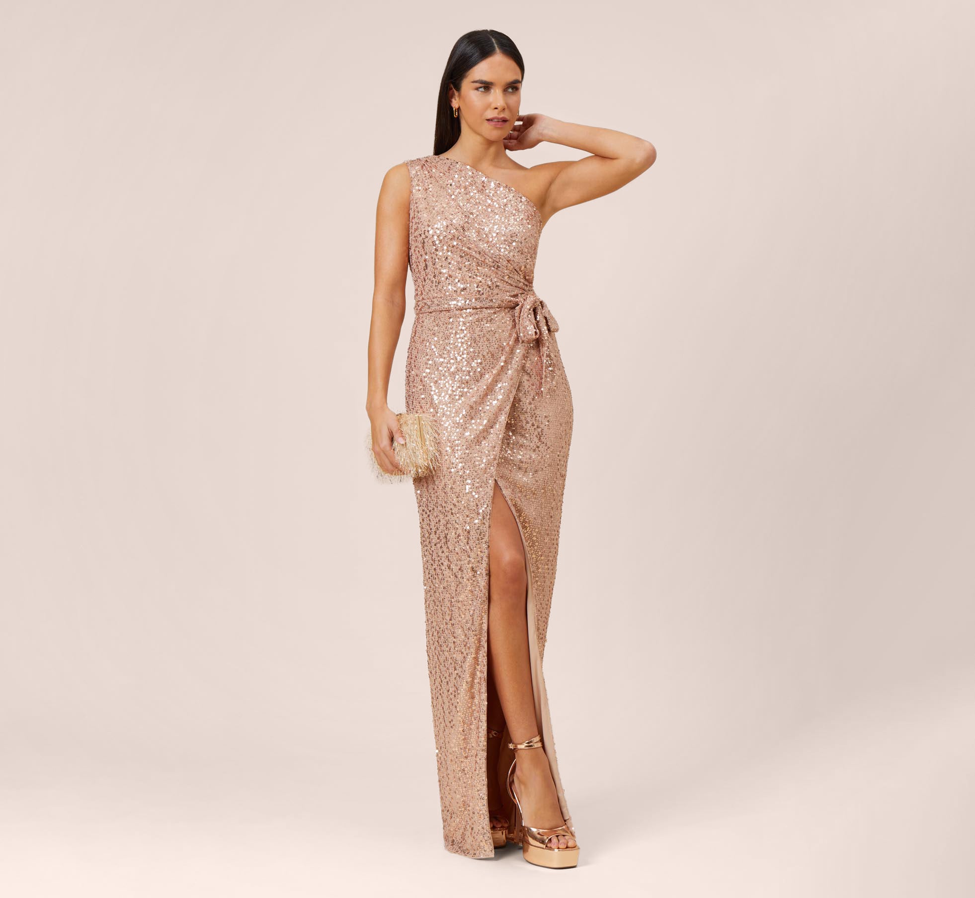 Sequined One Shoulder Long Column Dress With Side Sash In Rose