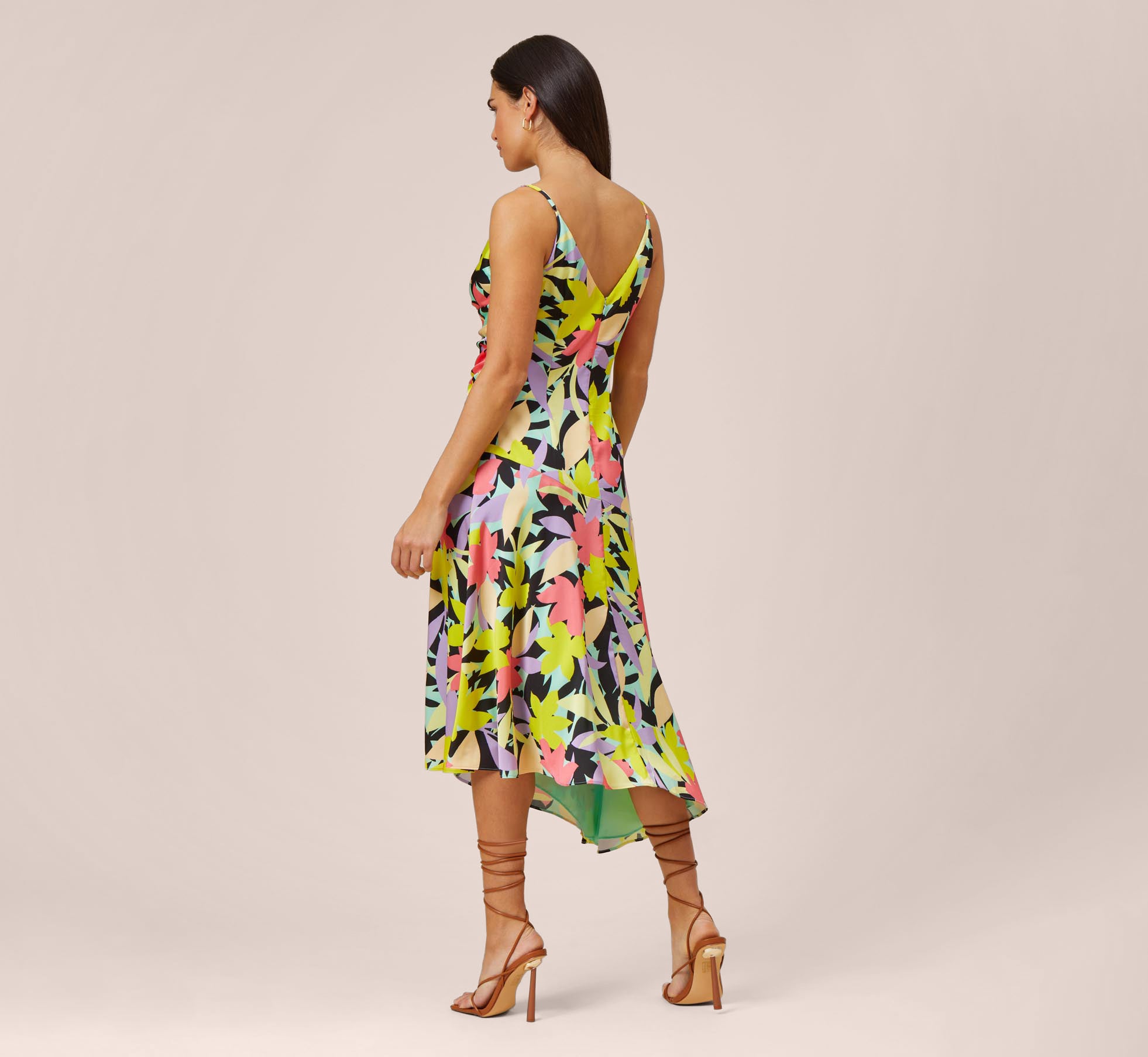 Floral-Print Asymmetrical Midi-Length Cocktail Dress In Coral